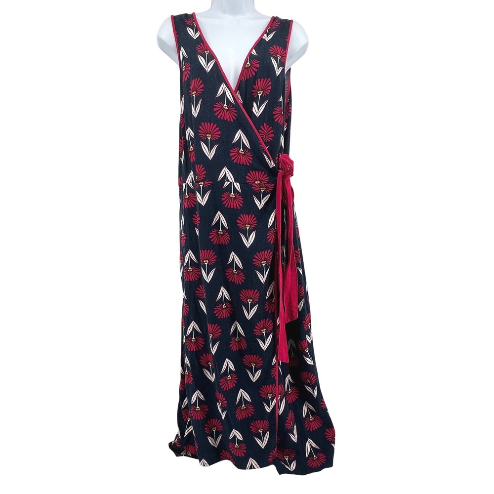 ModCloth Wrap Jumpsuit Womens 1X Blue Pink Floral Wide Leg V-Neck Linen Blend